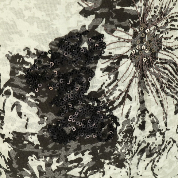 Coldwater Creek Top Womens Large Ivory Black Floral Sequin T-shirt Slub Knit - Picture 10 of 15